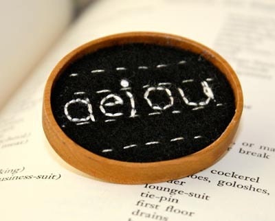 aeiou brooch lower case letters font hand embroidery pin back to school or teacher gift