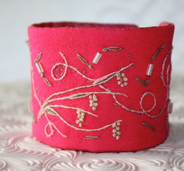 Textile Fabric Bracelet Cuff Hand Embroidery  Pink Flambe Fabric Embroidered Windswept Beaded