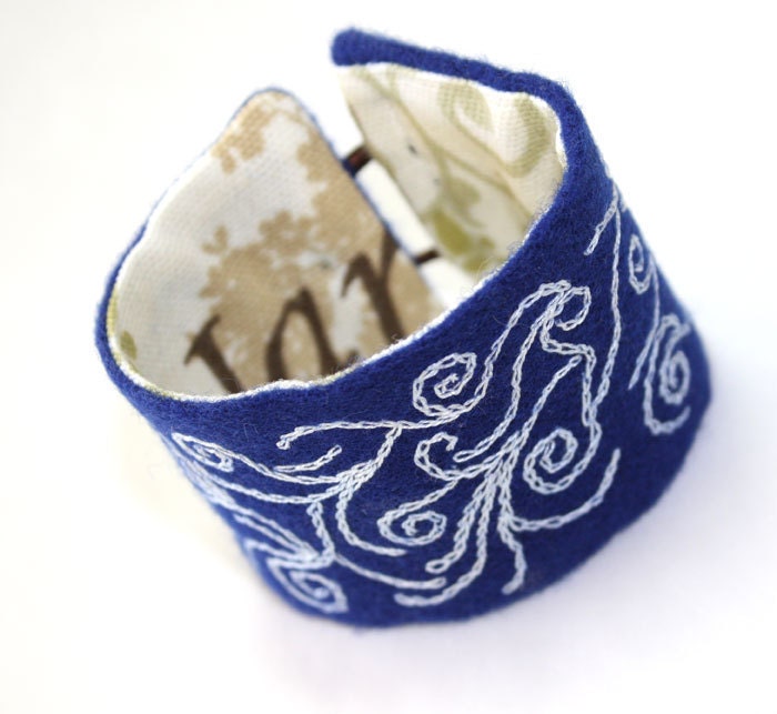 Eco Friendly Monaco Sapphire Cobalt Blue Wrist Cuff Hand Embroidery Willow Embroidered Cuff recycled button