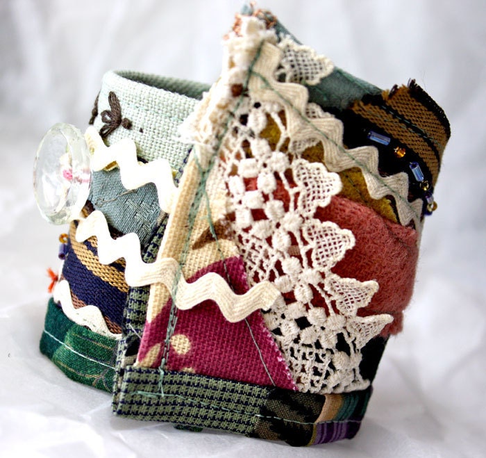 Crazy Quilt Fabric Bracelet Textile Wrist Cuff Patchwork Embellished