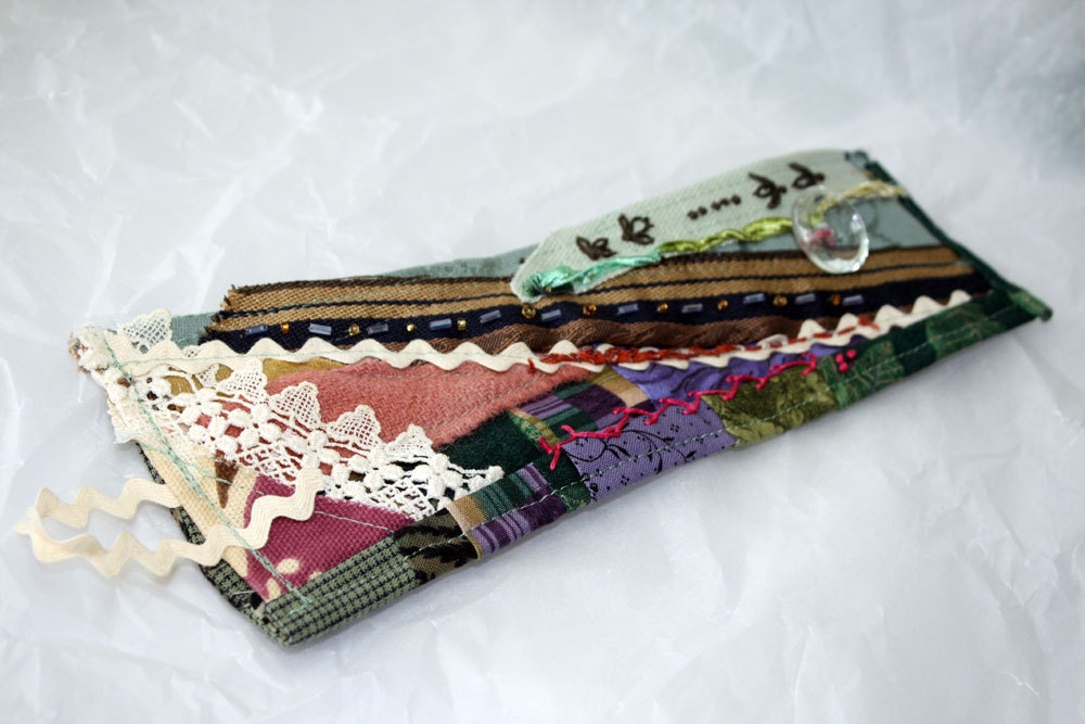 Crazy Quilt Fabric Bracelet Textile Wrist Cuff Patchwork Embellished