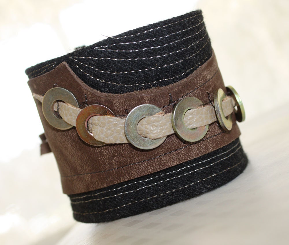 Mens Leather Textile Metal Cuff wrist bands bracelet for him or her in French Roast