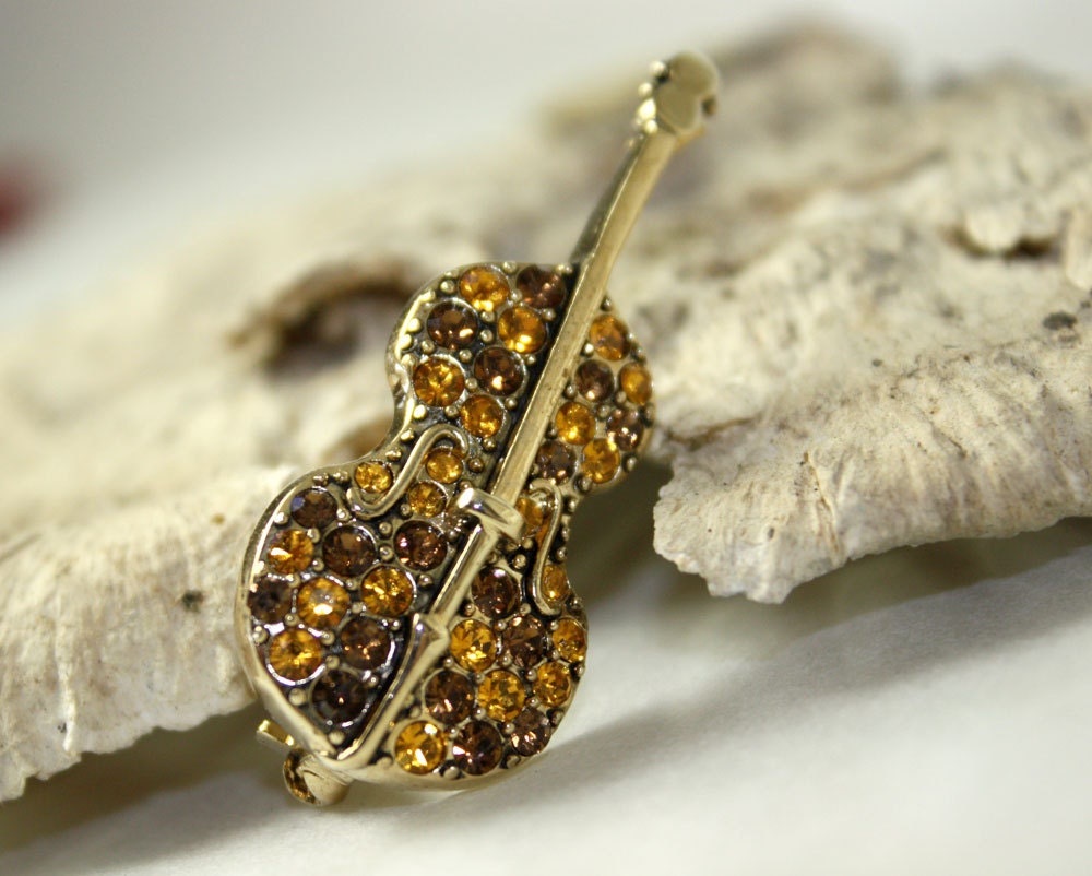 Vintage Violin Music Sparkle Brown Gold Brooch Pin