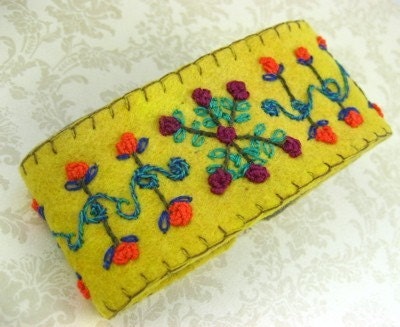 Cuff Bracelet flowers more Jacobean Whimsey Hand Embroidered Wool Bracelet Roses Jewel Tones