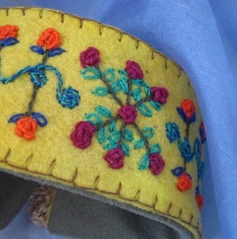 Cuff Bracelet flowers more Jacobean Whimsey Hand Embroidered Wool Bracelet Roses Jewel Tones