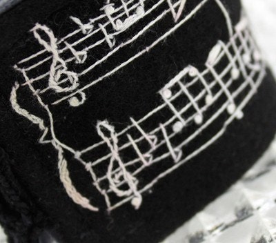 Fabric Textile Wrist Cuff Sheet Music Hand Embroidery Black Wool