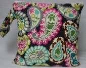 Wet Bag-Large Waterproof Wet Bag- 12.5 x 12.5- Snap Handle and Zipper- Gray Paisley