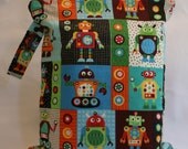 XLarge Waterproof Wet Bag- 14 x 17-With Snap Handle and Zipper- Robots