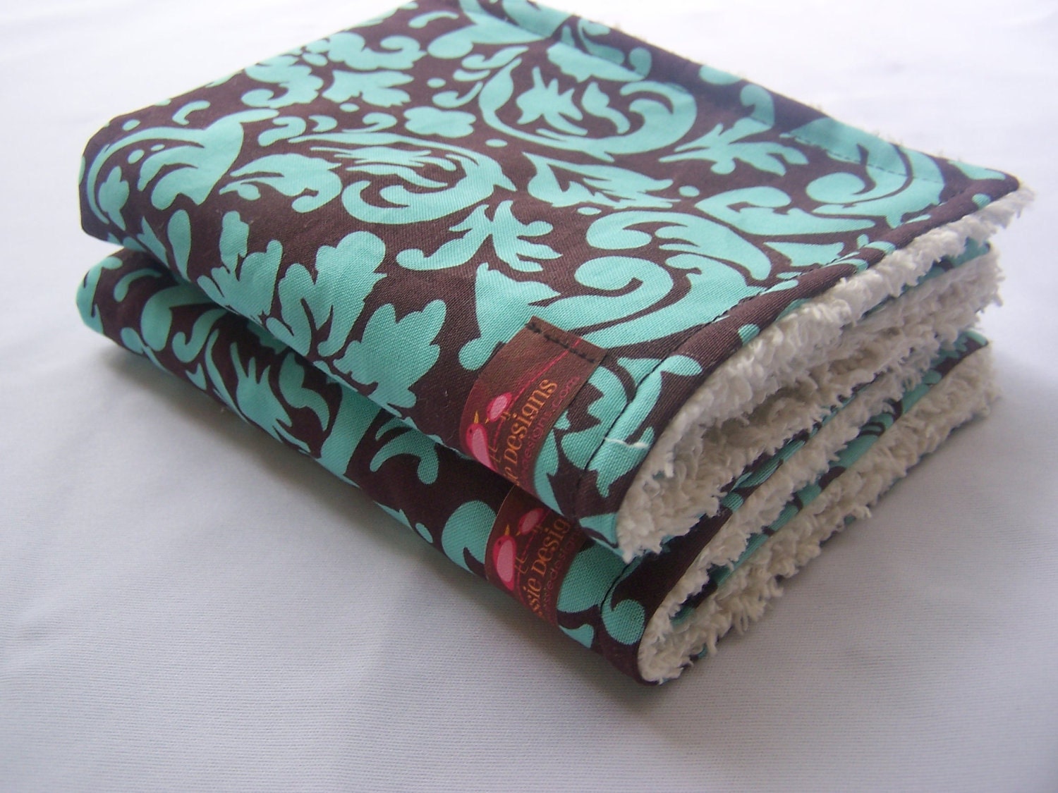 Burp Cloths-Set of 2 - Turquoise Brown Damask