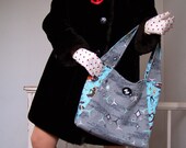 Bark Cloth Shoulder Bag- Rockabilly Barkcloth Gray Grey Atomic Slouch Purse