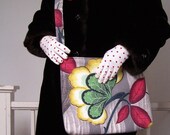 Barkcloth Messenger Cross Body Bag-Medium Vintage Gray Art Deco Fabric