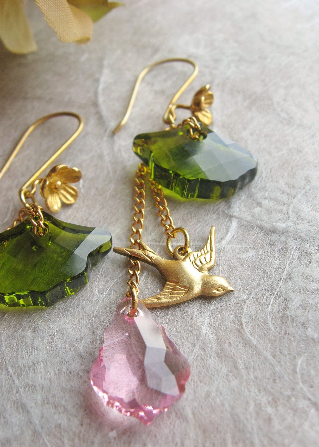 Bouquet de printemps (spring bouquet) earrings - Swarovski crystal ginkgo leaves and baroque pendants, golden sparrows, gold vermeil