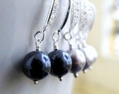 Bridal Swarovski CZ Earrings Navy Blue Round Pearl and Sterling Silver CZ Dangle Earrings - Bella E14Blue Wedding Jewelry