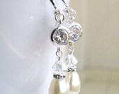 Bridal CZ Earrings Swarovski Ivory Teardrop Pearl  Cubic Zirconia and Sterling Silver Dangle - Itzel E9 Wedding Jewelry