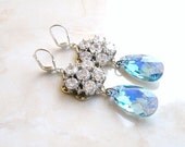 Wedding Jewelry Bridal Earrings Swarovski Aqua Blue Cubic Zirconia CZ  Sterling Silver Chandelier Arwen E4