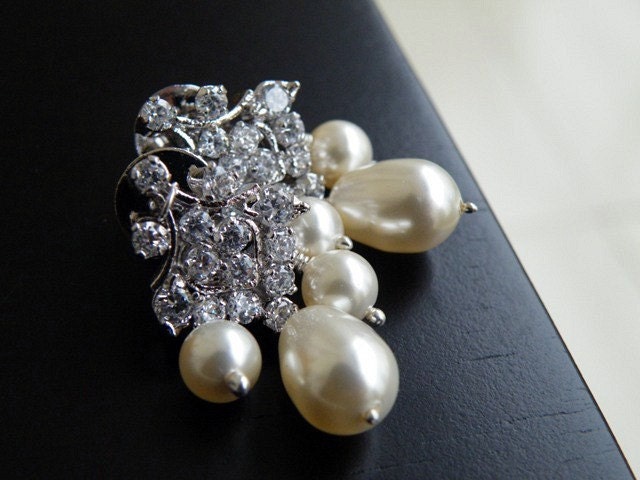 Earrings Ivory Swarovski Pearl Fan shaped Cubic Zirconia Silver Stud Post - Selena E3 Wedding Jewelry