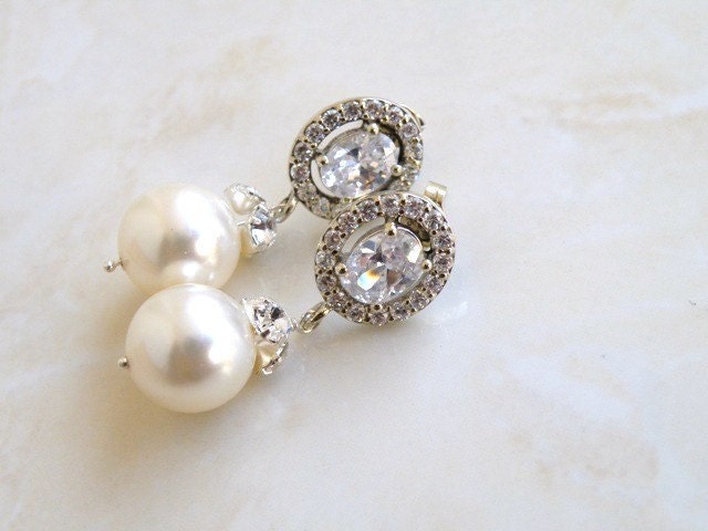 Wedding Jewelry Bridal Earrings CZ Swarovski Ivory Pearl Silver Earrings - Cynthia E11 Art Nouveau Romance