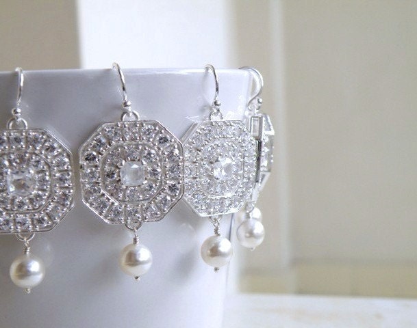 Bridal Earrings White Pearl Octagon Cubic Zirconia Silver Chandelier Earrings Set of 3 pairs Wedding Jewelry