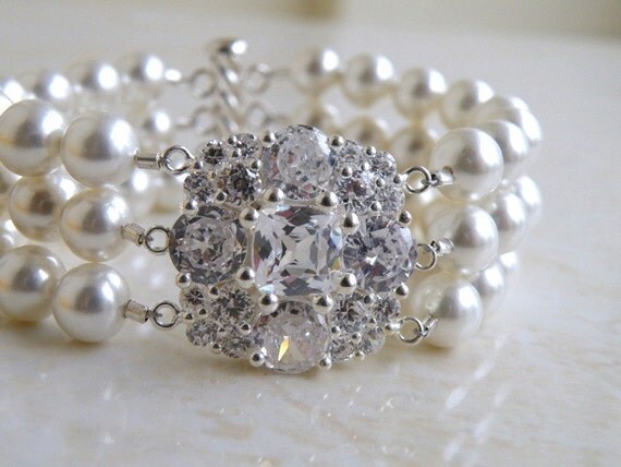 Bridal Bracelet Pearl Cushion Cubic Zirconia Silver 3 Strand Brooch Bracelet - Itzel B2 Wedding Jewelry