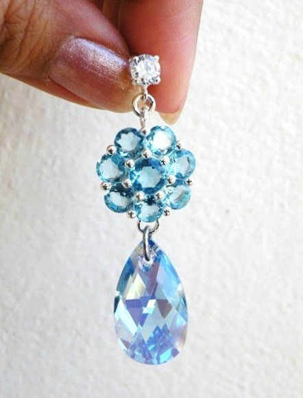 Wedding Jewelry Bridal Earrings Aquamarine Blue Cubic Zirconia Swarovski Crystal Stud Post Earrings - Edlyn E7
