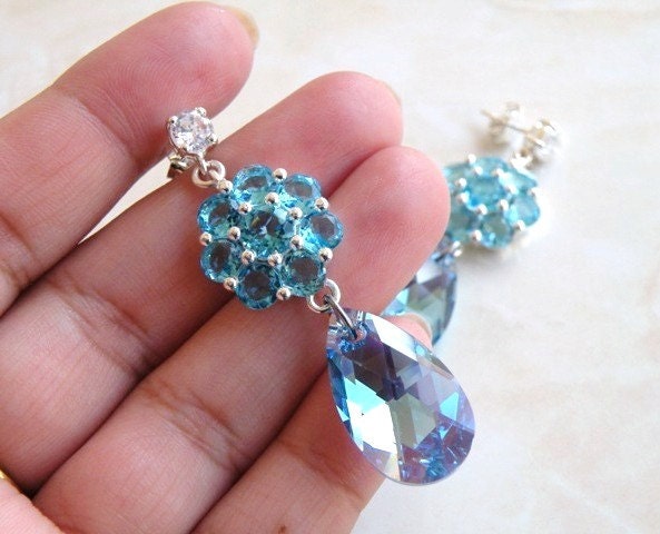 Wedding Jewelry Bridal Earrings Aquamarine Blue Cubic Zirconia Swarovski Crystal Stud Post Earrings - Edlyn E7