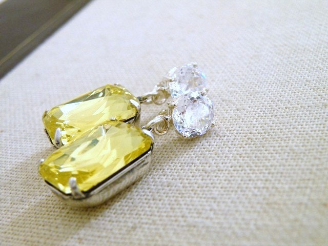 15% Off Sale Bridal Earrings Pastel Yellow Foiled Octagon Stone Rhinestone Silver Stud Bella EV1 Vintage Inspired Estate Style Wedding Jewe