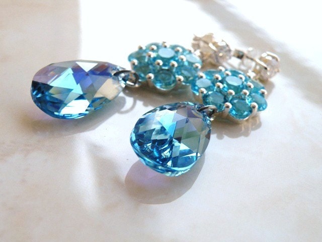 Wedding Jewelry Bridal Earrings Aquamarine Blue Cubic Zirconia Swarovski Crystal Stud Post Earrings - Edlyn E7