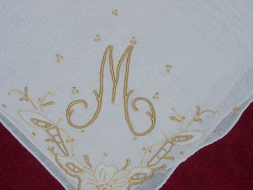Vintage White Hanky with Gold Initial M - hankie Handkerchief