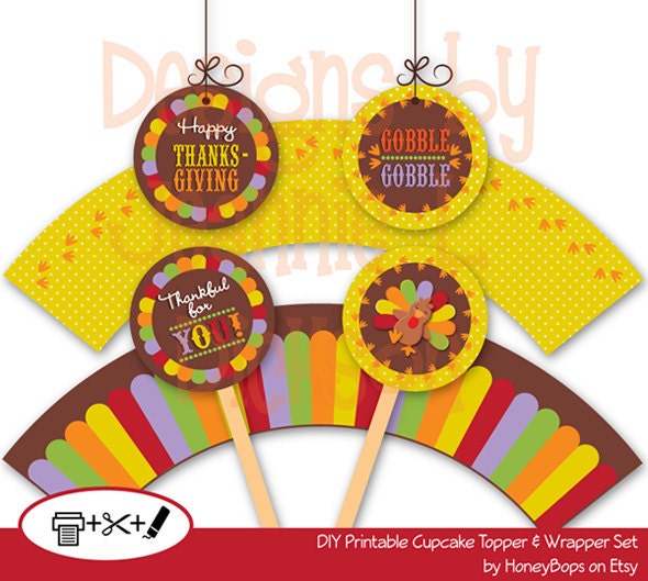 Instant Download Thanksgiving Cupcake Topper and Wrapper Set. Use as Favor Tags too! - DIY printable PDF Il_570xn