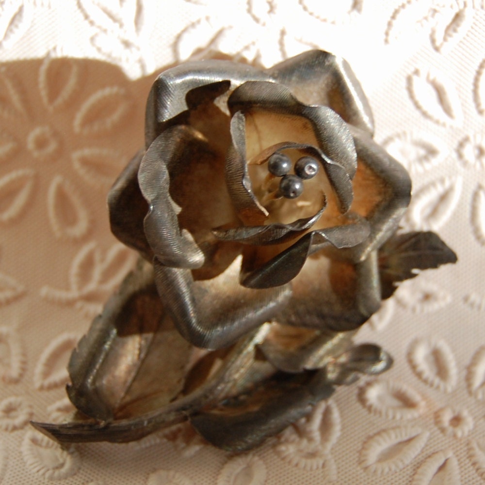 Vintage Sterling Flower Rose Brooch Signed