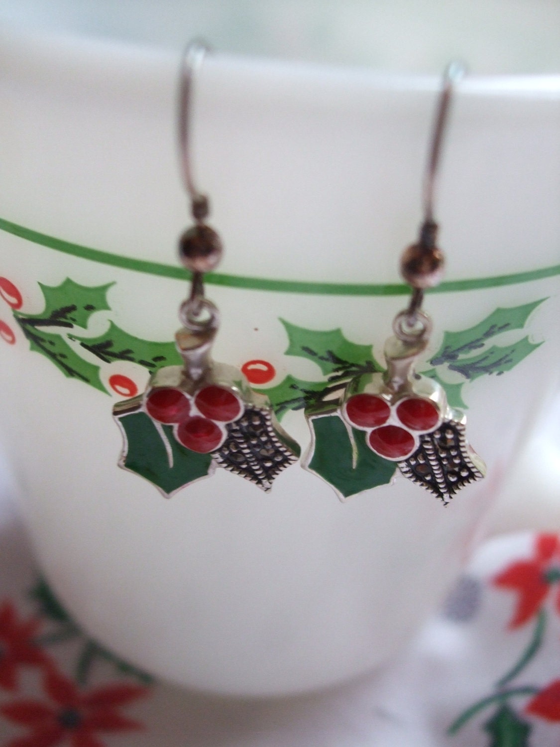 Christmas Earrings Holly and Berries Enamel and Sterling Silver Earrings free shipping