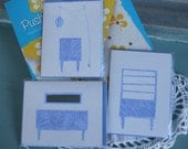 Note Cards Set of 3 Danish Modern Furniture Recycled Card and Envelope Blue and White