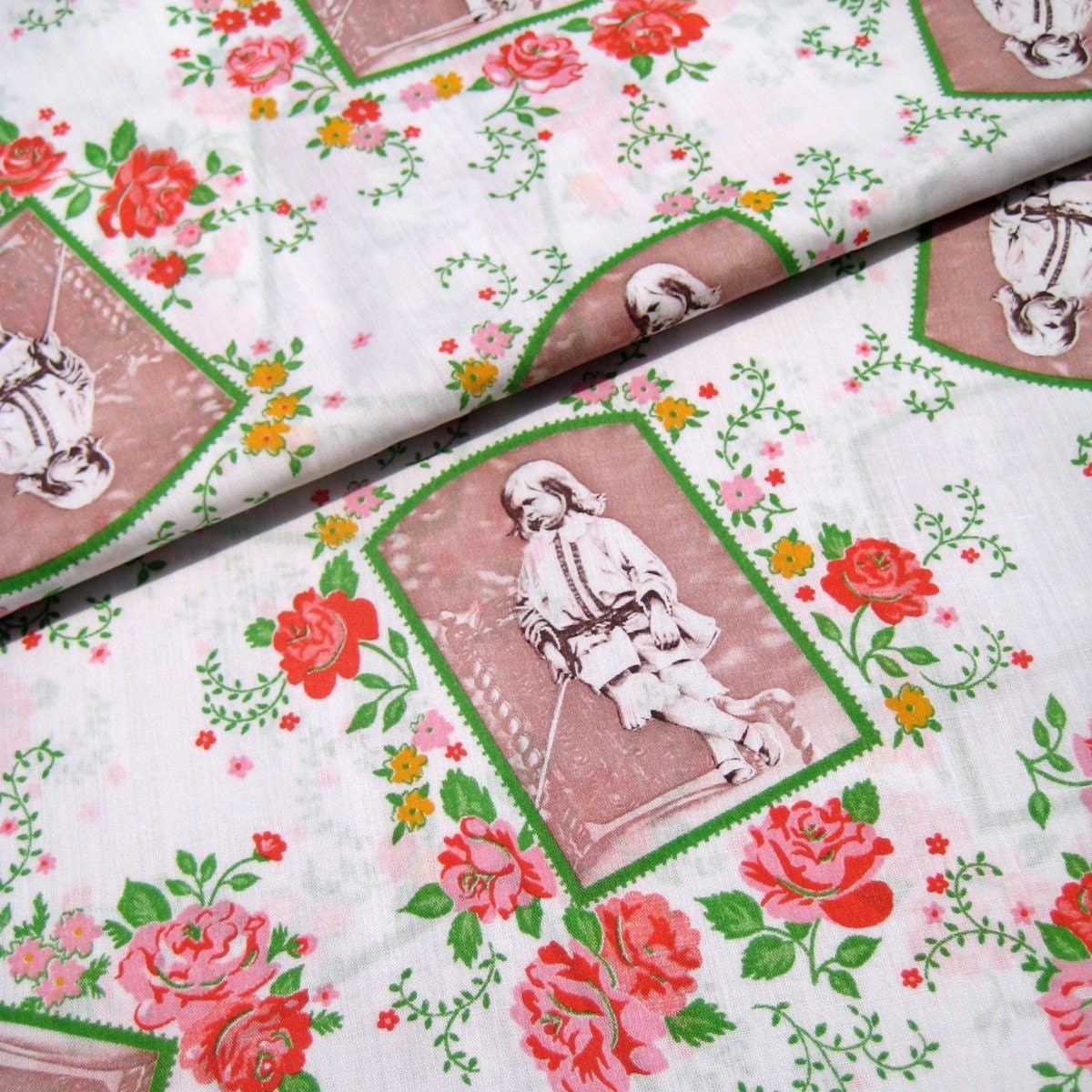 Sensational Sepia and Vibrant Floral Vintage Fabric