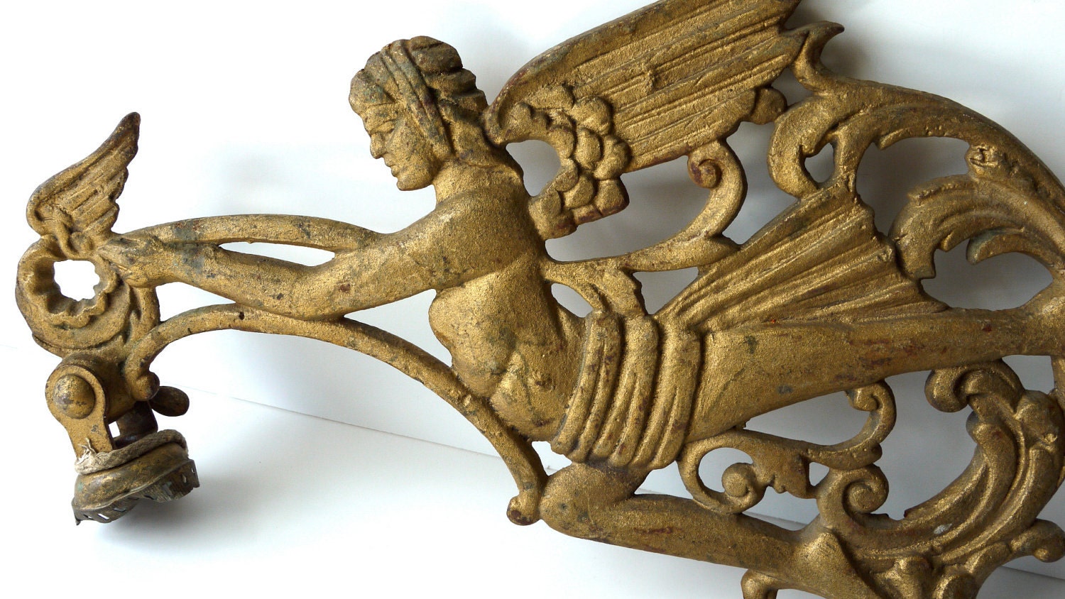 Antique Angel / Cherub Lamp Arm, salvaged cast iron figural light part / supply