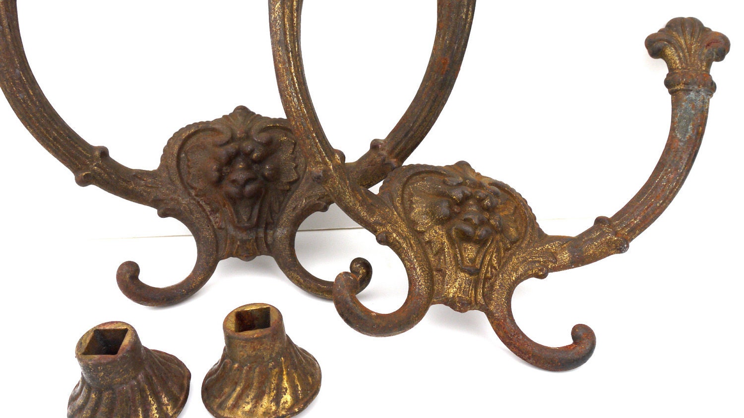 Antique Lion / Gargoyle Double Armed Hall Tree Hook Pair, 1800s Cast Iron Hardware