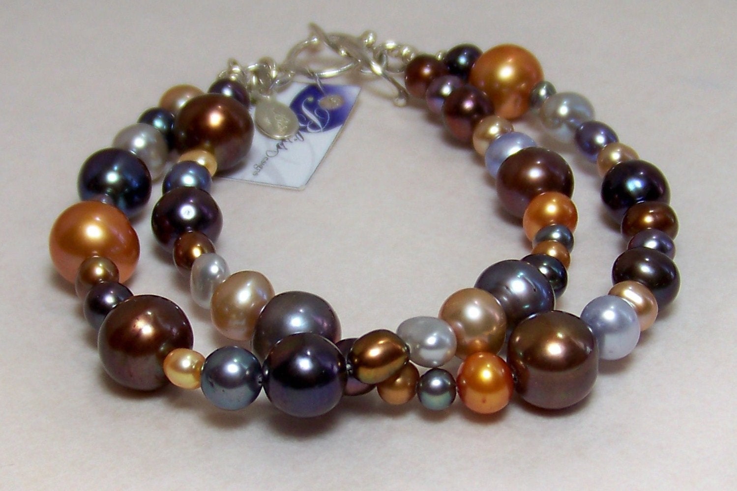 Double blues & orange pearl bracelet