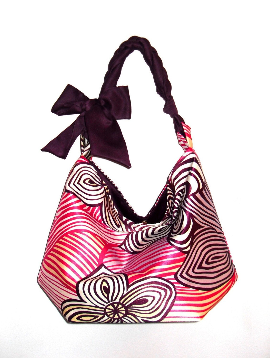 angie mini hobo tote in swirly abstract flower print with aubergine handle and lining