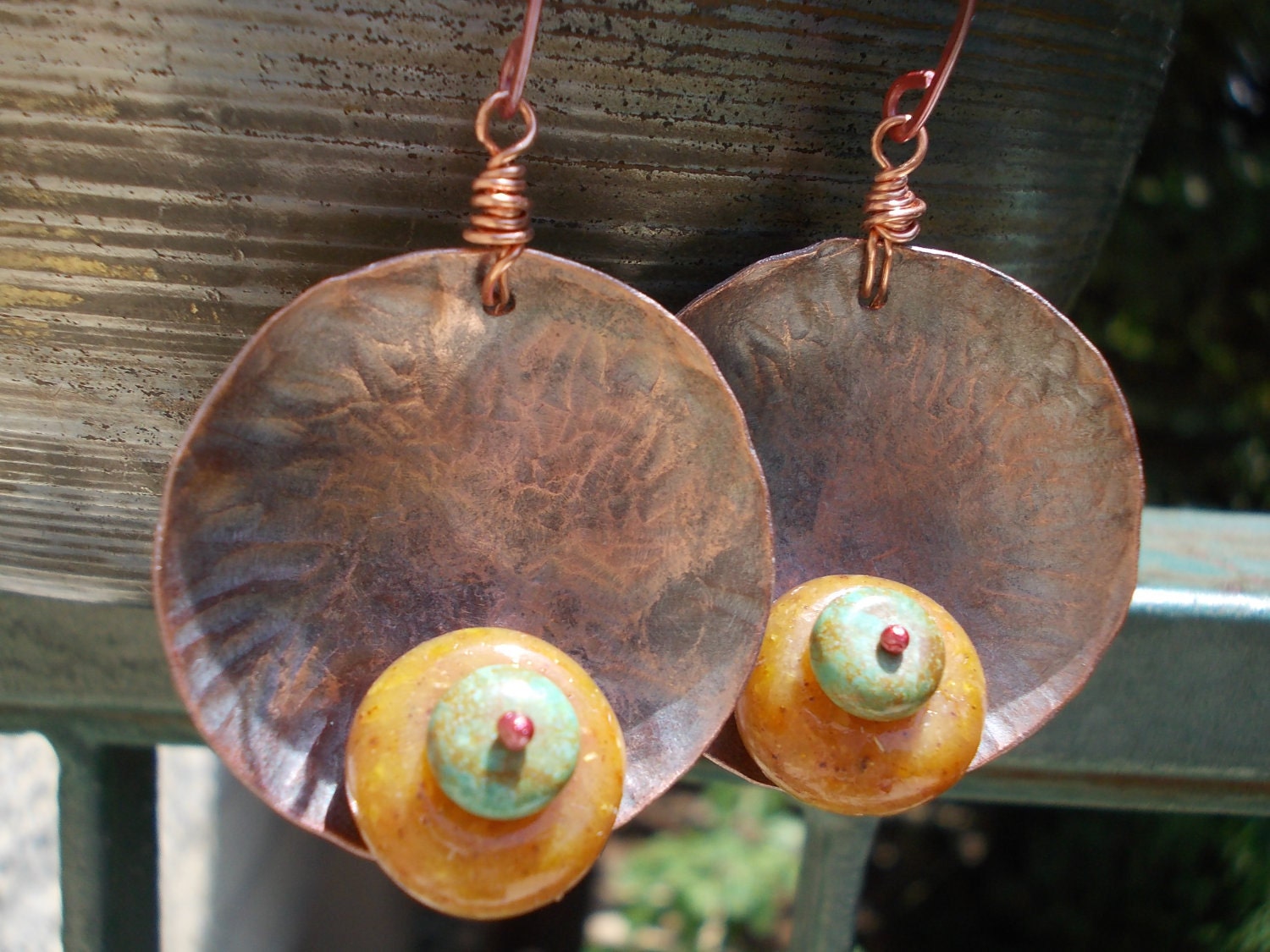 Indian Spices, forged hammered tribal earrings, polymer clay, natural turquoise, the primitive line, ancient metal art, mixed media jewelry