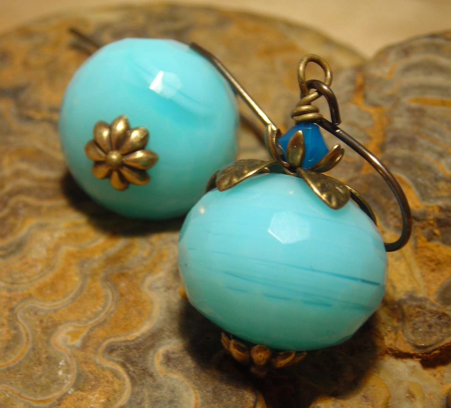 Larimar Blue Earrings, quartz and brass earrings, aquamarine blue quartz Sky Blue Caribbean blue pumpkins