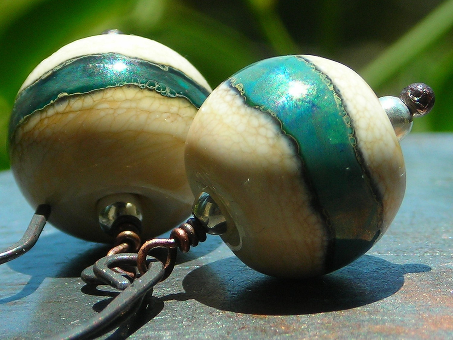 Blue Ivory Simplicity earrings, handmade artist lampwork beads handforged oxidized copper, sterling silver, rustic earrings earthy organic