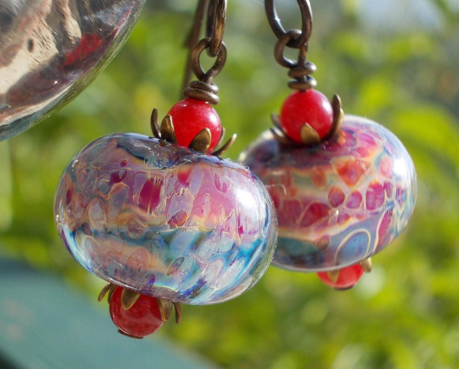 Caribbean summer beaded earrings, bright sunny artist lampwork beads, red agate gemstones, and solid oxidized brass colorful