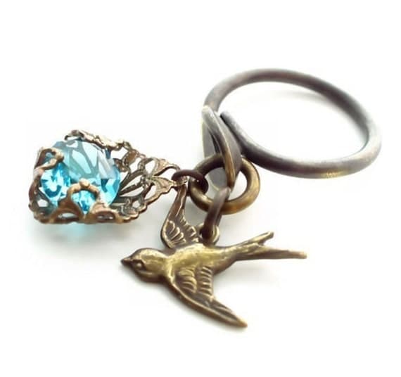 Blue Bird Ring sky blue vintage glass jewel encased in filigree adjustable ring