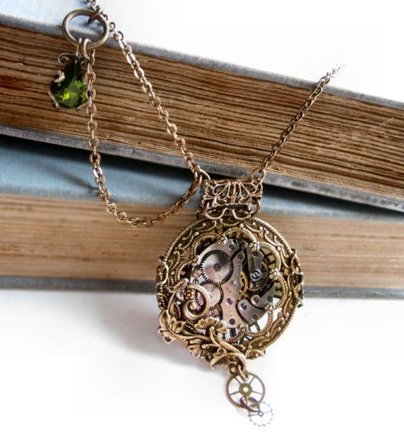 Steampunk necklace Victorian pocket watch style pendant with swag chain, steampunk jewelry, statement necklace