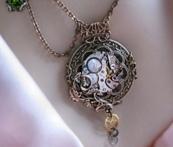 Steampunk necklace Victorian pocket watch style pendant with swag chain, steampunk jewelry, statement necklace
