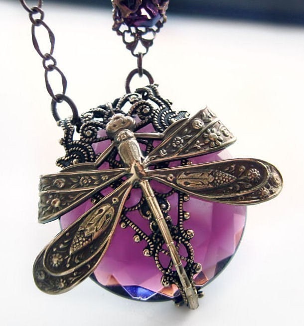 Dragonfly filigree necklace, La Belle Epoque jewellery statement necklace in amethyst purple
