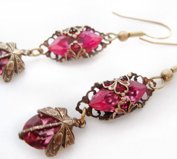 Dragonfly Earrings, Victorian filigree earrings in pink, dangle earrings, vintage filigree jewelry, drop earrings