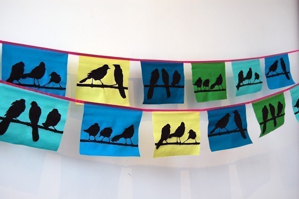 blackbird flags in cool colors--strand of 5