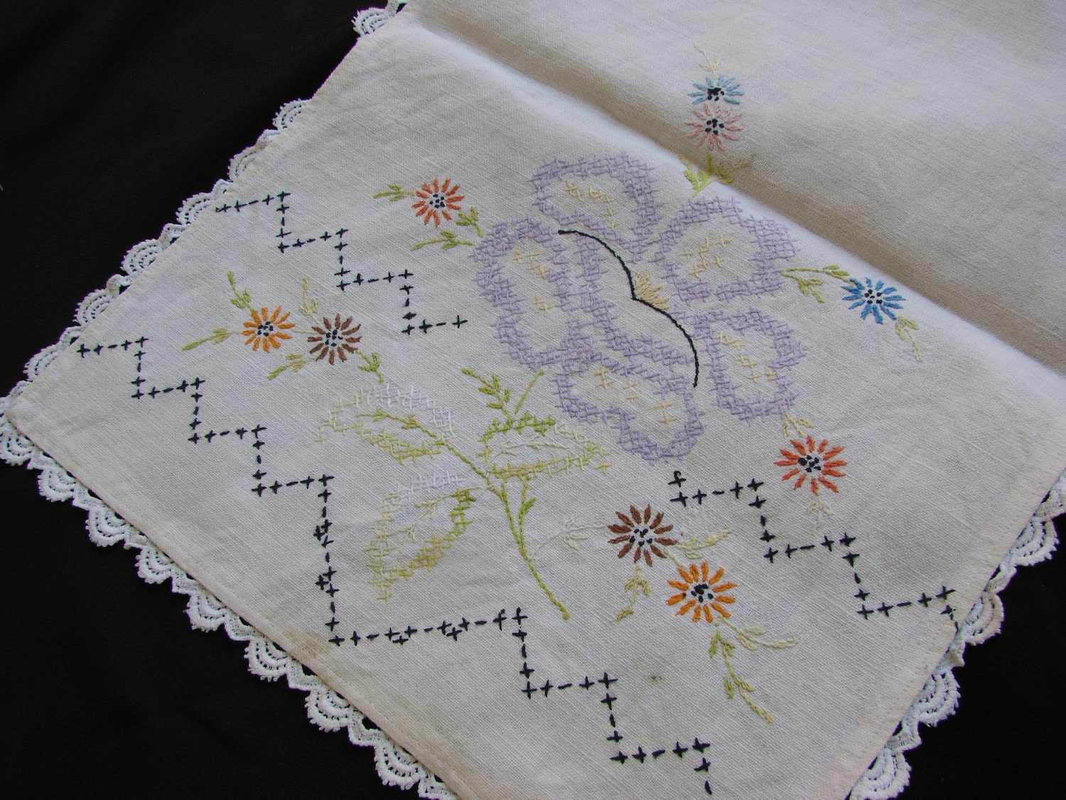 Vintage Embroidery Dresser Scarf Runner with Purple Cross Stitch Roses