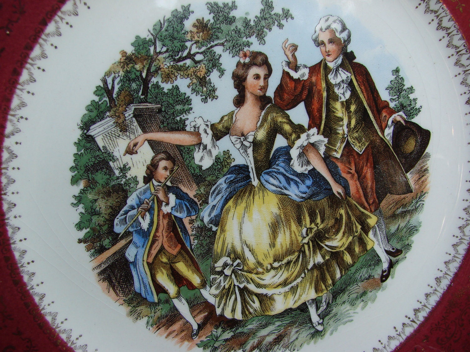 Reserve for Erin Vintage Courting Couple Serving Decorative Plate Burgundy Edge 22K Gold Trim