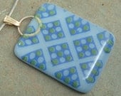 Blue glass necklace, Blue pendant necklace with Checker pattern